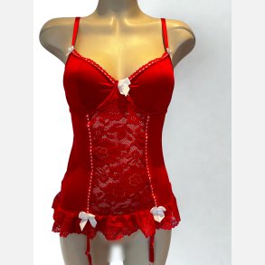 Corsage. R�d i blonde med 4 str�mpeholdere. Incl. trusser og str�mper. 