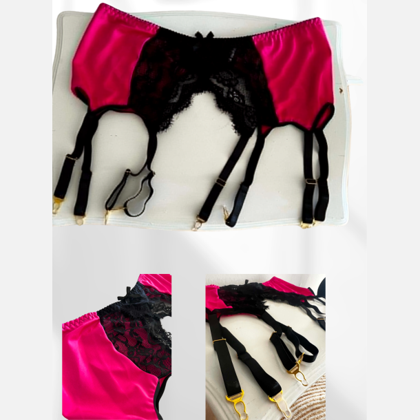Hofteholder. Hot pink med sort og 6 str�mpeholdere. incl. str�mper