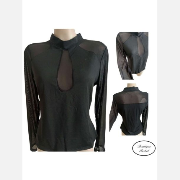 Bluse i sort med mesh �rmer og paneler foran og bagp�. Super fin bluse der sidder t�t til kroppen. XL