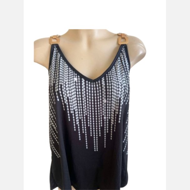 Top i sort med tryk af glimmersten. Str. XL - 3 XL.