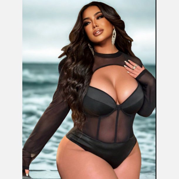 Bodystocking i sort med �ben foran og lange �rmer. 