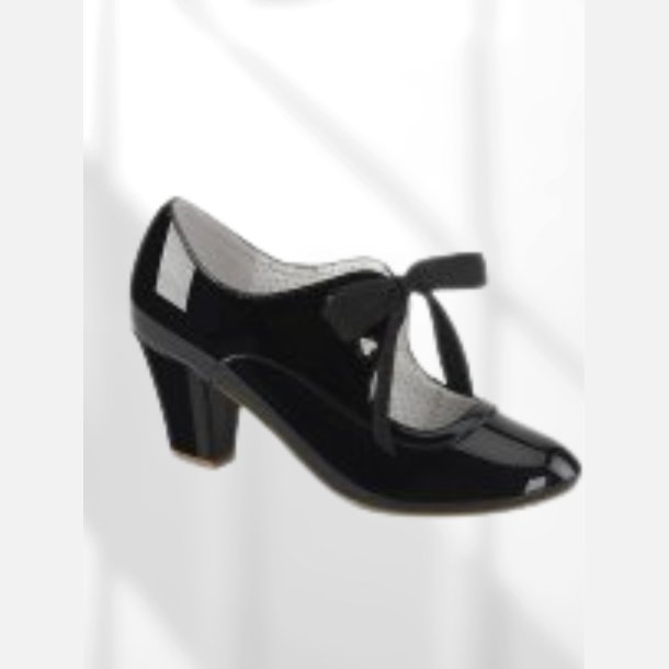 Pumps. Sorte lak med fin sl�jfe over vrist. H�lh�jde ca.6 cm 