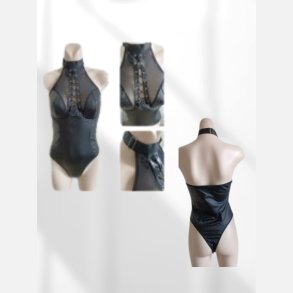 Bodystocking i sort wetlook uden �rmer og med sn�rre foran. Str. M