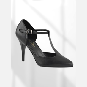 Pumps. Sort l�derlook med T-rem og god pasform. H�lh�jde 10 cm. Str. 43 RESTPAR
