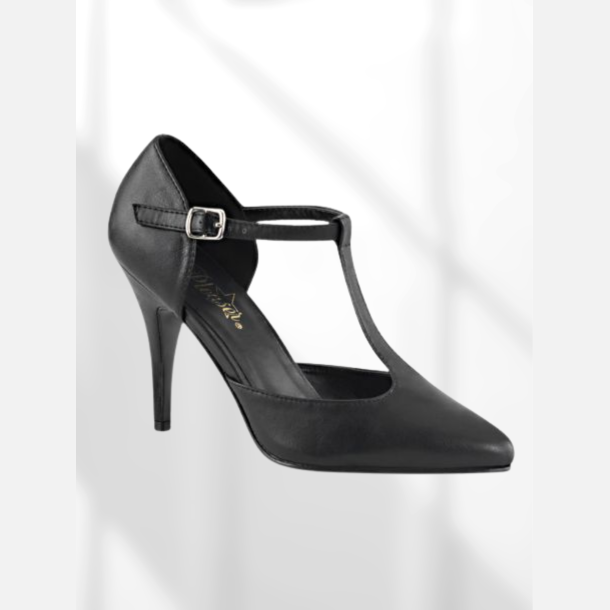 Pumps. Sort l�derlook med T-rem og god pasform. H�lh�jde 10 cm. Str. 43 RESTPAR
