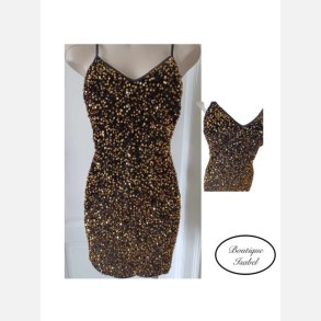 Kjole i str�k med palietter. Sort velour med guld. Str. 42/46