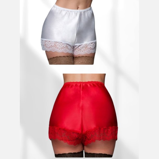 Cami knickers i bl�d satin med blondekant og elastik i taljen. 