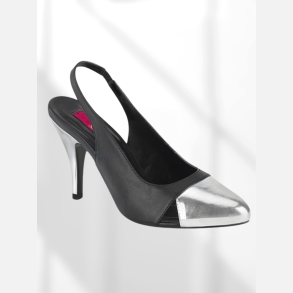 Pumps. Sorte med s�lvh�l og sling back. L�derlook. H�lh�jde: ca.10 cm str. 42 og 43