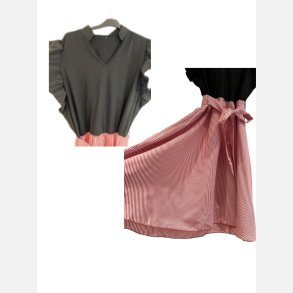 Kjole. Sort bl�d overdel med stribet nederdel. XL