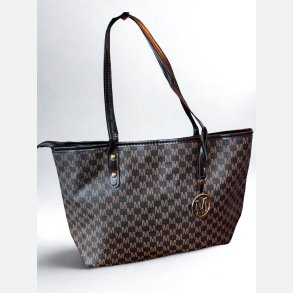 Taske. M�rkebrun med M logo og lynl�s. Skulderhanke. H: 27 cm L: 42cm. 