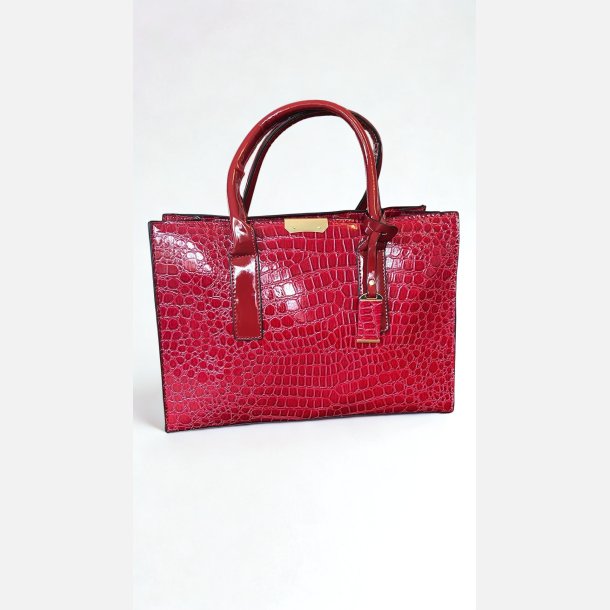Taske. M�rker�d i krokodillelook med lynl�s og medf�lgende skulderrem. H: 24 cm L. 34 cm