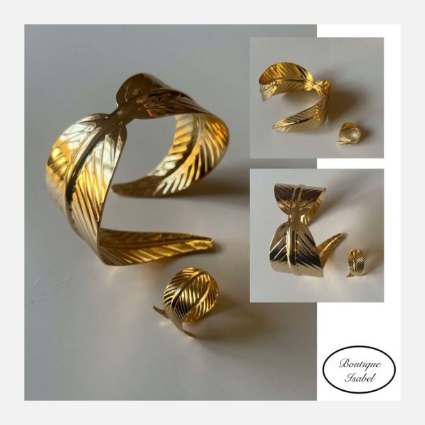 Armb�nd og ring formet som et blad i guldlook. Reguleres efter din st�rrelse. S�t.